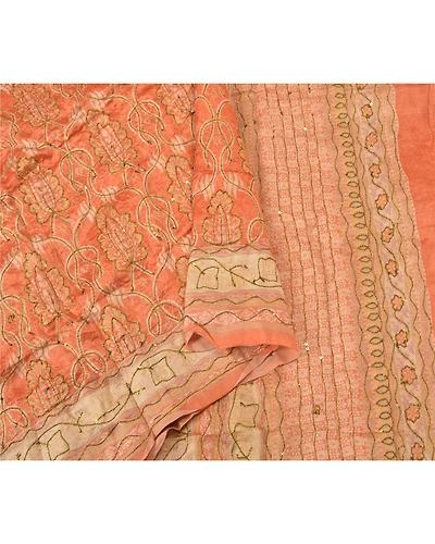 Sanskriti Vintage Peach Indian Sarees Pure Silk Hand Beaded Sari Craft Fabric, PS-60063-Peach &amp; Cream-Thread Work-Pure Silk-9