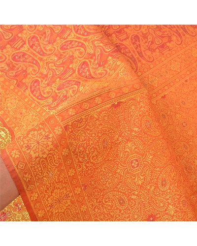 Sanskriti Vintage Saffron Indian Sarees Art Silk Woven Premium Sari Craft Fabric, PS-60084-Saffron-Woven Work-Art Silk-4