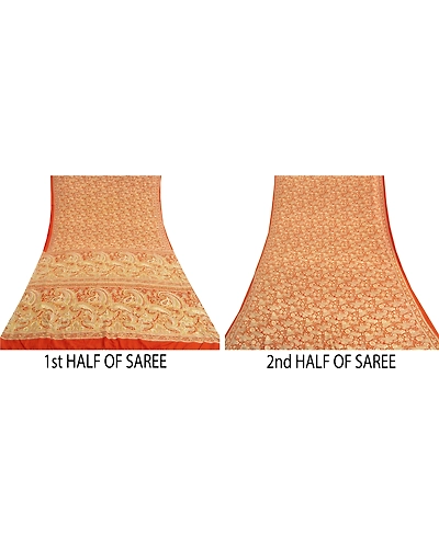 Sanskriti Vintage Orange Sarees Art Silk Hand Embroidered Kantha Sari Fabric, PS-60091-Orange-Thread Work-Art (Artificial) Silk-5