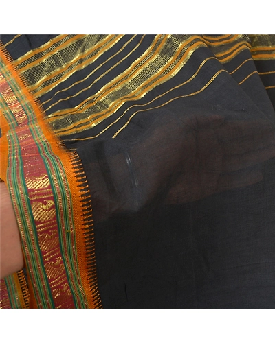 Sanskriti Vintage Black Sarees 100% Pure Cotton Woven Premium Sari Craft Fabric, PS-60092-Black-Woven Work-100% Pure Cotton-4