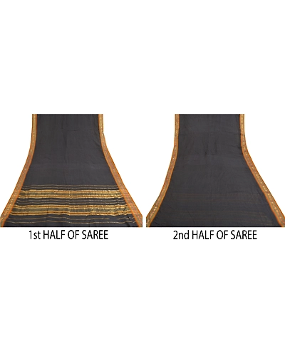 Sanskriti Vintage Black Sarees 100% Pure Cotton Woven Premium Sari Craft Fabric, PS-60092-Black-Woven Work-100% Pure Cotton-5