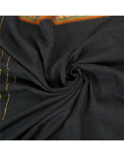 Sanskriti Vintage Black Sarees 100% Pure Cotton Woven Premium Sari Craft Fabric, PS-60092-Black-Woven Work-100% Pure Cotton-6
