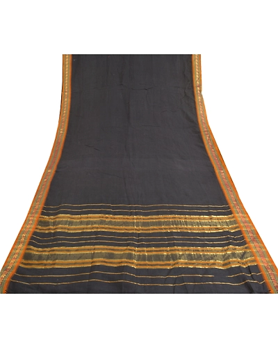 Sanskriti Vintage Black Sarees 100% Pure Cotton Woven Premium Sari Craft Fabric, PS-60092-Black-Woven Work-100% Pure Cotton-8