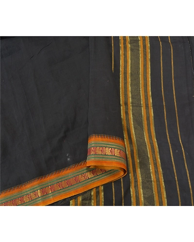 Sanskriti Vintage Black Sarees 100% Pure Cotton Woven Premium Sari Craft Fabric, PS-60092-Black-Woven Work-100% Pure Cotton-9