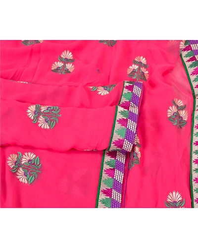 Sanskriti Vintage Pink Sarees Blend Georgette Embroidered Premium Sari Fabric, PS-60129-Pink-Thread Work-Blend Georgette-8