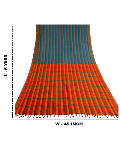 Sanskriti Vintage Blue Indian Sarees Blend Cotton Woven Premium Sari Fabric, PS-60134-Blue &amp; Orange-Woven Work-Blend Cottons-1