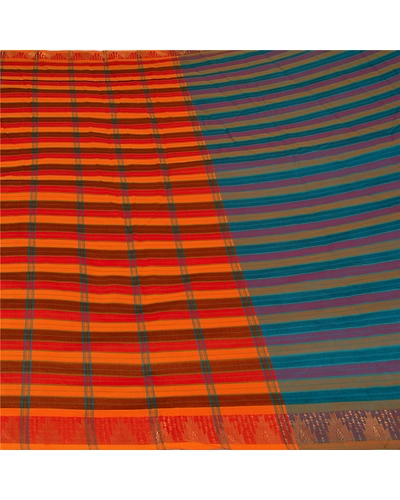 Sanskriti Vintage Blue Indian Sarees Blend Cotton Woven Premium Sari Fabric, PS-60134-Blue &amp; Orange-Woven Work-Blend Cottons-3