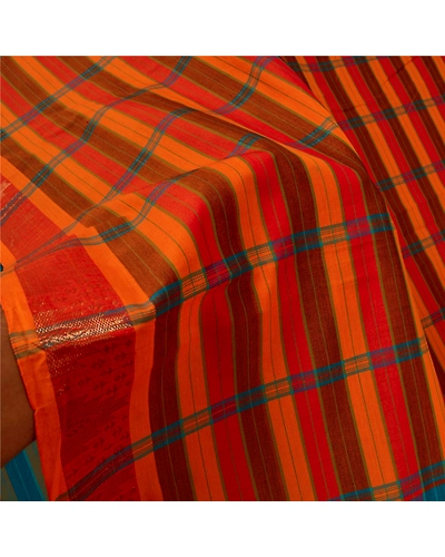 Sanskriti Vintage Blue Indian Sarees Blend Cotton Woven Premium Sari Fabric, PS-60134-Blue &amp; Orange-Woven Work-Blend Cottons-4