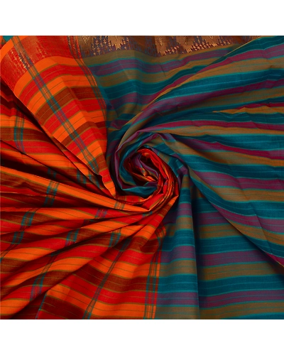 Sanskriti Vintage Blue Indian Sarees Blend Cotton Woven Premium Sari Fabric, PS-60134-Blue &amp; Orange-Woven Work-Blend Cottons-6