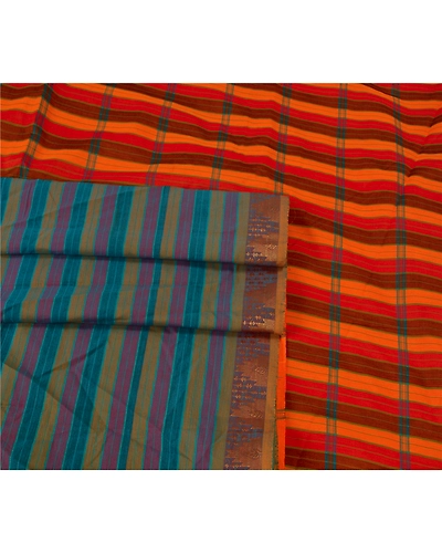 Sanskriti Vintage Blue Indian Sarees Blend Cotton Woven Premium Sari Fabric, PS-60134-Blue &amp; Orange-Woven Work-Blend Cottons-7
