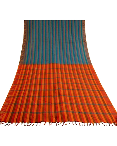 Sanskriti Vintage Blue Indian Sarees Blend Cotton Woven Premium Sari Fabric, PS-60134-Blue &amp; Orange-Woven Work-Blend Cottons-8