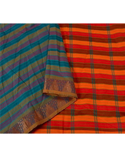 Sanskriti Vintage Blue Indian Sarees Blend Cotton Woven Premium Sari Fabric, PS-60134-Blue &amp; Orange-Woven Work-Blend Cottons-9