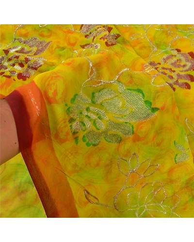 Sanskriti Vintage Bollywood Sarees Pure Georgette Silk Embroidered Sari Fabric, PS-60151-Shade Of Green-Thread Work-Pure Georgette Silk-5