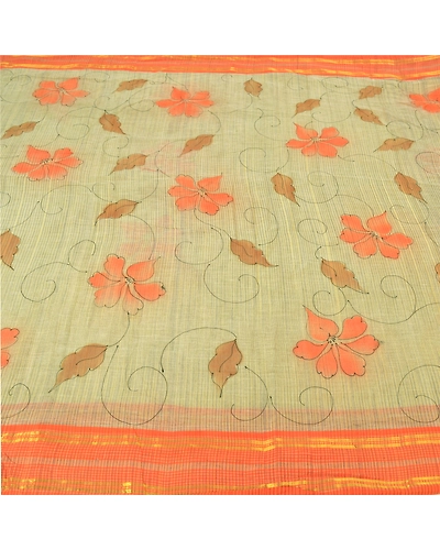 Sanskriti Vintage Cream Indian Sarees 100% Pure Cotton Printed Sari Craft Fabric, PS-60153-Cream &amp; Orange-Printed Work-Pure Cotton-3