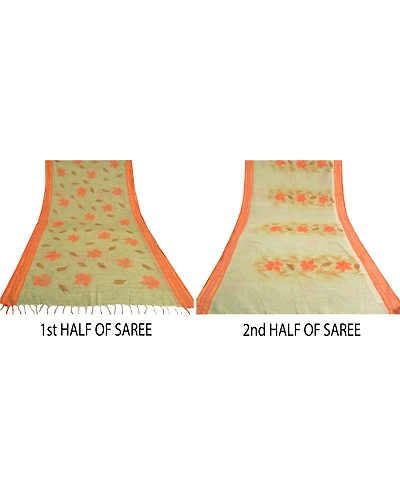 Sanskriti Vintage Cream Indian Sarees 100% Pure Cotton Printed Sari Craft Fabric, PS-60153-Cream &amp; Orange-Printed Work-Pure Cotton-5