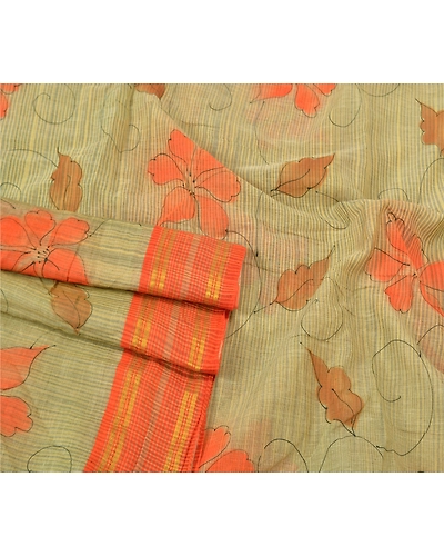 Sanskriti Vintage Cream Indian Sarees 100% Pure Cotton Printed Sari Craft Fabric, PS-60153-Cream &amp; Orange-Printed Work-Pure Cotton-7