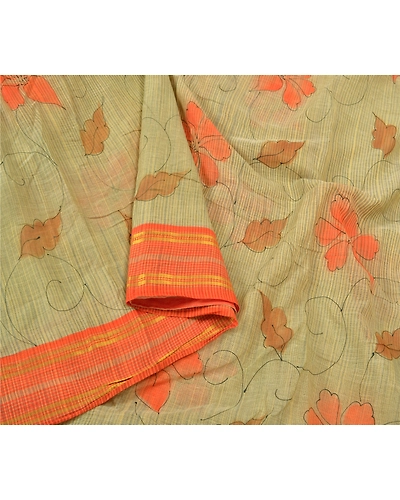 Sanskriti Vintage Cream Indian Sarees 100% Pure Cotton Printed Sari Craft Fabric, PS-60153-Cream &amp; Orange-Printed Work-Pure Cotton-9