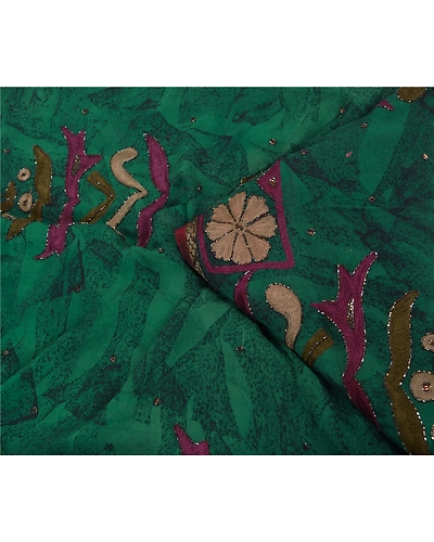 Sanskriti Vintage Green Sarees Blend Georgette Hand Beaded Ethnic Sari Fabric, PS-60166-Green-Beaded Work-Blend Silk-2