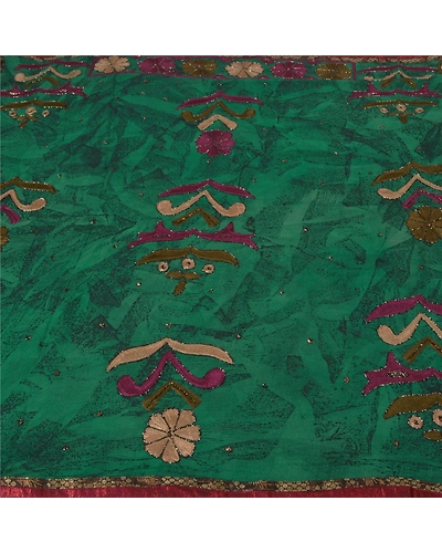 Sanskriti Vintage Green Sarees Blend Georgette Hand Beaded Ethnic Sari Fabric, PS-60166-Green-Beaded Work-Blend Silk-4