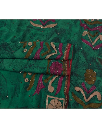 Sanskriti Vintage Green Sarees Blend Georgette Hand Beaded Ethnic Sari Fabric, PS-60166-Green-Beaded Work-Blend Silk-8