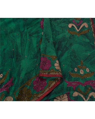 Sanskriti Vintage Green Sarees Blend Georgette Hand Beaded Ethnic Sari Fabric, PS-60166-Green-Beaded Work-Blend Silk-10