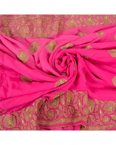 Sanskriti Vintage Bollywood Sarees Pure Georgette Silk Embroidered Sari Fabric, PS-60168-Pink-Thread Work-Pure Georgette Silk-7