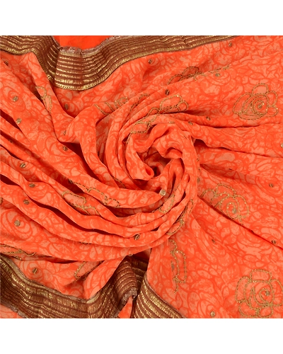 Sanskriti Vintage Bollywood Sarees Pure Georgette Silk Embroidered Sari Fabric, PS-60169-Orange-Sequins Work-Pure Georgette Silk-7