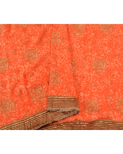 Sanskriti Vintage Bollywood Sarees Pure Georgette Silk Embroidered Sari Fabric, PS-60169-Orange-Sequins Work-Pure Georgette Silk-10