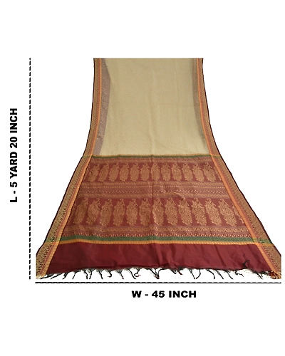 Sanskriti Vintage Ivory Indian Sarees Art Silk Woven Premium Sari Craft Fabric, PS-60175-Ivory &amp; Dark Red-Woven Work-Art Silk-1