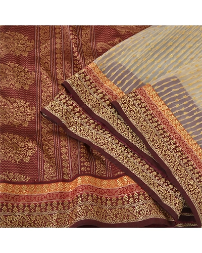 Sanskriti Vintage Ivory Indian Sarees Art Silk Woven Premium Sari Craft Fabric, PS-60175-Ivory &amp; Dark Red-Woven Work-Art Silk-2