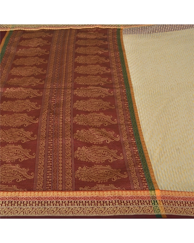 Sanskriti Vintage Ivory Indian Sarees Art Silk Woven Premium Sari Craft Fabric, PS-60175-Ivory &amp; Dark Red-Woven Work-Art Silk-4