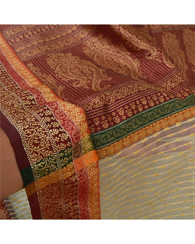 Sanskriti Vintage Ivory Indian Sarees Art Silk Woven Premium Sari Craft Fabric, PS-60175-Ivory &amp; Dark Red-Woven Work-Art Silk-5