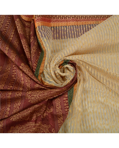 Sanskriti Vintage Ivory Indian Sarees Art Silk Woven Premium Sari Craft Fabric, PS-60175-Ivory &amp; Dark Red-Woven Work-Art Silk-7