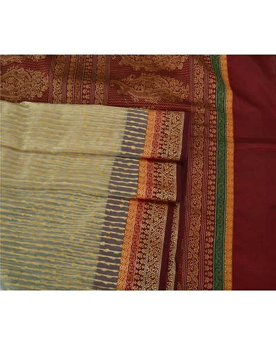 Sanskriti Vintage Ivory Indian Sarees Art Silk Woven Premium Sari Craft Fabric, PS-60175-Ivory &amp; Dark Red-Woven Work-Art Silk-8