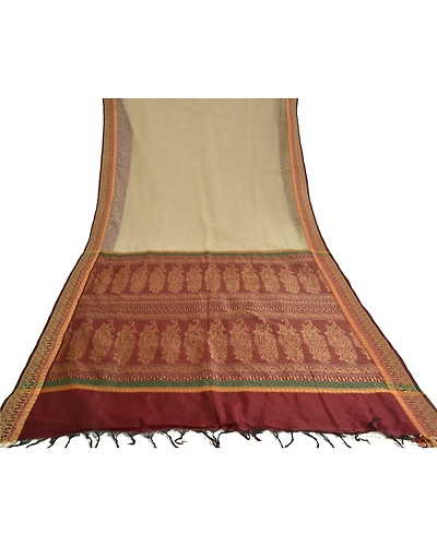 Sanskriti Vintage Ivory Indian Sarees Art Silk Woven Premium Sari Craft Fabric, PS-60175-Ivory &amp; Dark Red-Woven Work-Art Silk-9