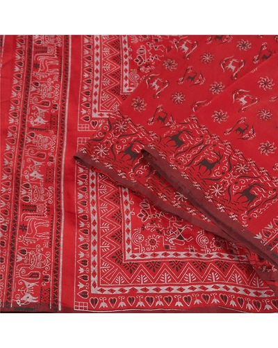 Sanskriti Vintage Dark Orange Sarees Art Silk Block Printed Sari Craft Fabric, PS-60176-Dark Orange-Block Printed Work-Art Silk-2