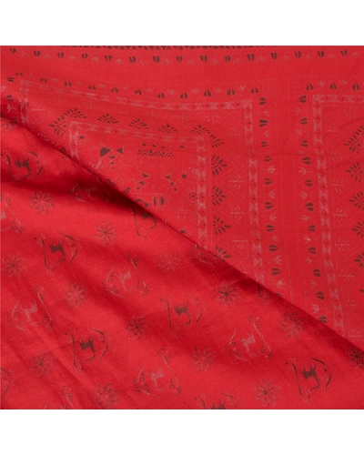 Sanskriti Vintage Dark Orange Sarees Art Silk Block Printed Sari Craft Fabric, PS-60176-Dark Orange-Block Printed Work-Art Silk-3