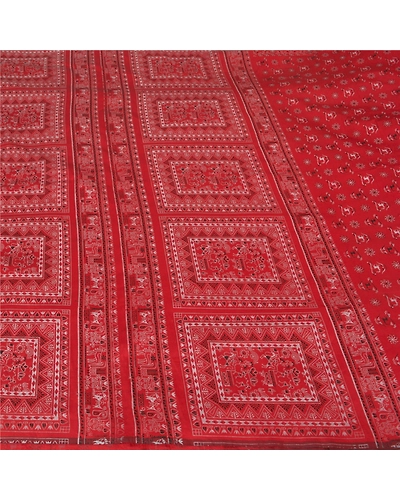 Sanskriti Vintage Dark Orange Sarees Art Silk Block Printed Sari Craft Fabric, PS-60176-Dark Orange-Block Printed Work-Art Silk-4