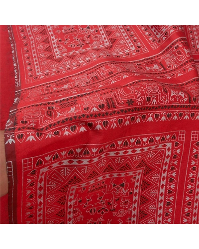 Sanskriti Vintage Dark Orange Sarees Art Silk Block Printed Sari Craft Fabric, PS-60176-Dark Orange-Block Printed Work-Art Silk-5