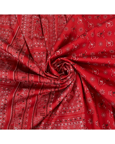Sanskriti Vintage Dark Orange Sarees Art Silk Block Printed Sari Craft Fabric, PS-60176-Dark Orange-Block Printed Work-Art Silk-7