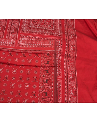 Sanskriti Vintage Dark Orange Sarees Art Silk Block Printed Sari Craft Fabric, PS-60176-Dark Orange-Block Printed Work-Art Silk-8