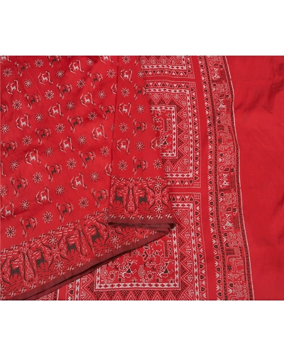 Sanskriti Vintage Dark Orange Sarees Art Silk Block Printed Sari Craft Fabric, PS-60176-Dark Orange-Block Printed Work-Art Silk-10