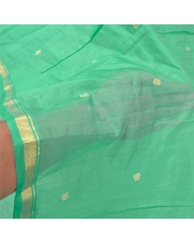 Sanskriti Vintage Sea Green India Sarees Cotton Silk Hand-Woven Tant Sari Fabric, PS-60180-Sea Green-Woven Work-Cotton Silk-4
