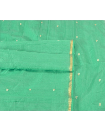 Sanskriti Vintage Sea Green India Sarees Cotton Silk Hand-Woven Tant Sari Fabric, PS-60180-Sea Green-Woven Work-Cotton Silk-7