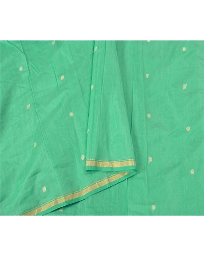 Sanskriti Vintage Sea Green India Sarees Cotton Silk Hand-Woven Tant Sari Fabric, PS-60180-Sea Green-Woven Work-Cotton Silk-9
