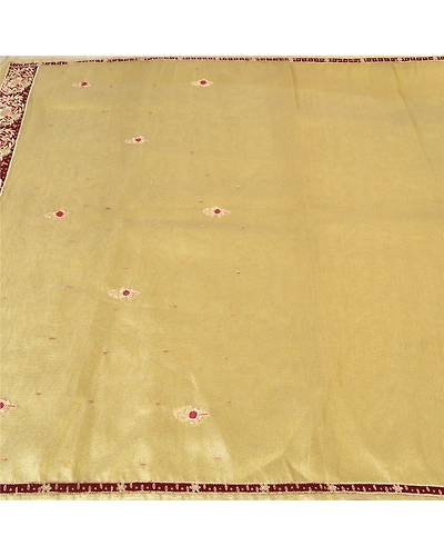 Sanskriti Vintage Golden Sarees Net Mesh Hand Beaded Cultural Sari Craft Fabric, PS-60181-Golden-Patch Work-Net Mesh-3