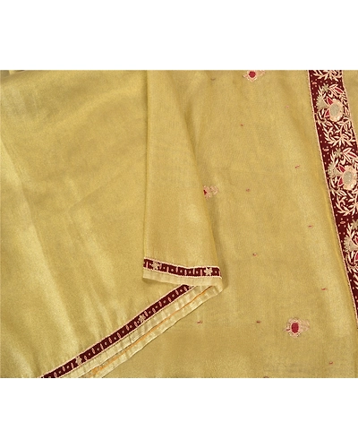 Sanskriti Vintage Golden Sarees Net Mesh Hand Beaded Cultural Sari Craft Fabric, PS-60181-Golden-Patch Work-Net Mesh-9
