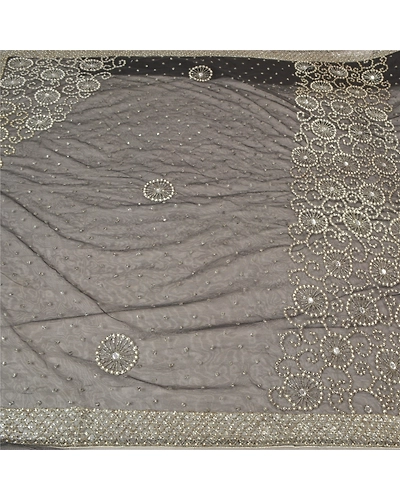 Sanskriti Vintage Black Sarees Net Mesh Hand Beaded Premium Sari Craft Fabric, PS-60182-Black-Beaded Work-Net Mesh-3