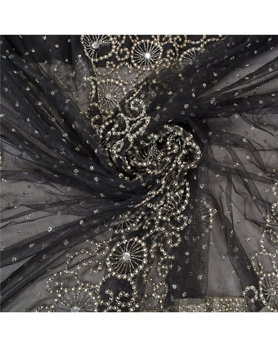 Sanskriti Vintage Black Sarees Net Mesh Hand Beaded Premium Sari Craft Fabric, PS-60182-Black-Beaded Work-Net Mesh-6