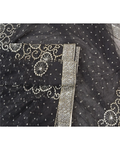 Sanskriti Vintage Black Sarees Net Mesh Hand Beaded Premium Sari Craft Fabric, PS-60182-Black-Beaded Work-Net Mesh-7